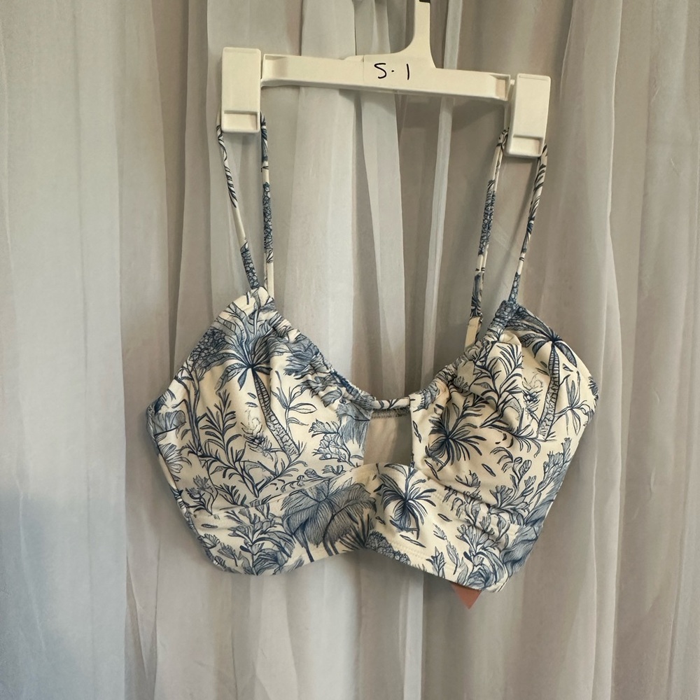 Toile Print Cream and Blue Crop Bra/Swim Top